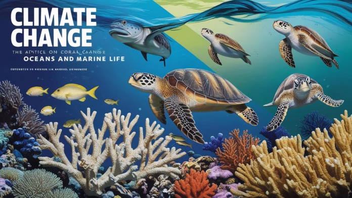 Impact of climate change on oceans and marine life showing coral bleaching and marine biodiversity loss.